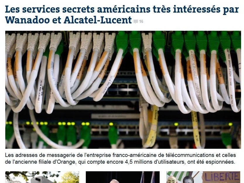 <em>Le Monde</em> <a href="http://www.lemonde.fr/technologies/article/2013/10/21/les-services-secrets-americains-tres-interesses-par-wanadoo-et-alcatel-lucent_3499762_651865.html">has the scoop</a> on allegations about NSA spying on French phone calls.
