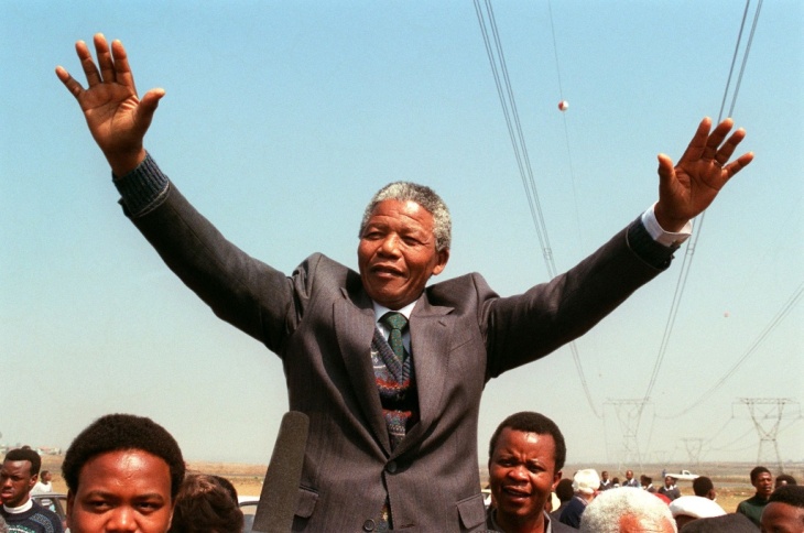 South African National Congress President Nelson Mandela addresses in 1990.