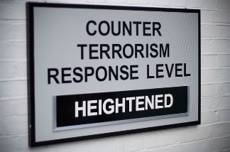 Sign at the entrance to Portsmouth Dockyard: "Counter Terrorism Response Level Heightened."