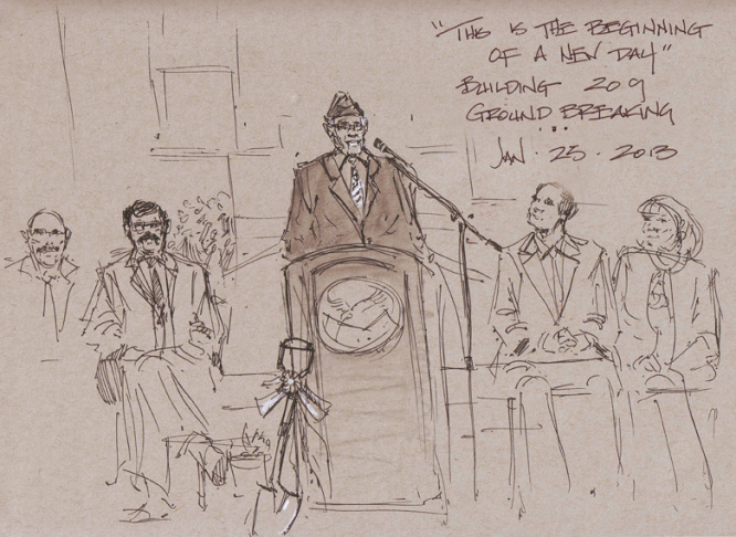 Mike Sheehan's sketchbook from the groundbreaking of Building 209 at the VA in Brentwood, with LA City Councilman Bill Rosendahl, who is battling cancer.