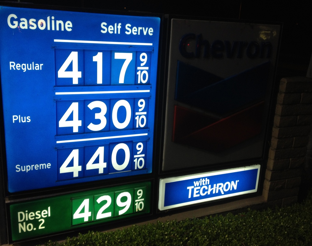 Gasoline prices at a Newport Beach station are slightly higher than the average reported by the Automobile Club of Southern California. A gallon of self-serve regular Friday in L.A. County is averaging $4.09. The average is $4.06 in Orange, Riverside and San Bernardino counties.