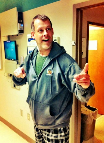 James Rabe models his KPCC hoodie at Mayo Clinic.