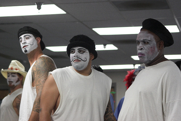 Prison inmates in character during an acting workshop hosted by the Actors' Gang troupe at California Rehabilitation Center, a medium Level II correctional facility in Norco, Calif.