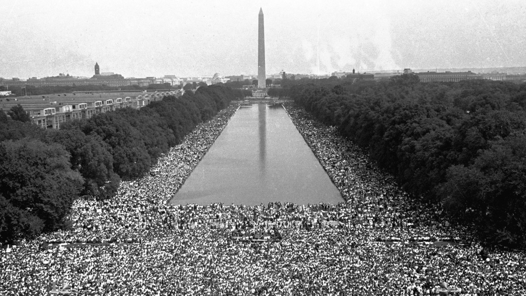Crowds gather in front of the Washington Monument during the "March on Washington For Jobs and Freedom" in 1963.