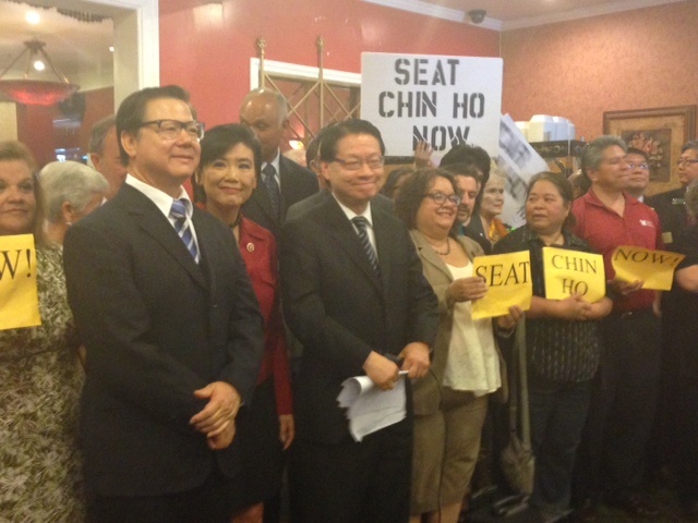 Chin-Ho Liao, left, appeared with U.S. Rep. Judy Chu, community college trustee Mike Eng at a news conference Friday calling for Liao to be seated on the San Gabriel City Council.