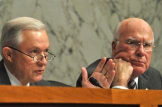 Sen. Jeff Sessions(L),R-AL, questions Supreme Court nominee Elena Kagan as Sen. Patrick Leahy,D-VT, looks on during the second day of her confirmation hearings on Capitol Hill on June 29, 2010 in Washington, DC.