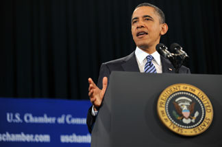 President Barack Obama makes remarks at the US Chamber of Commerce on Feburary 7, 2011 in Washington, DC.