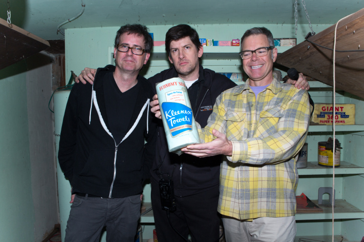 Homeowner Chris Otcasek, Off-Ramp host John Rabe, and Americana historian Charles Phoenix in Otcasek's backyard bomb shelter.