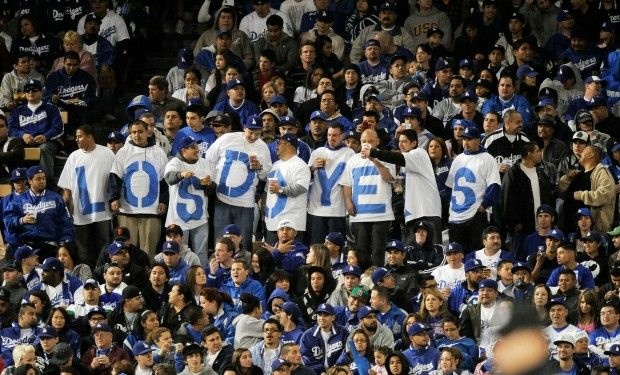 Festive Doyer fans at a Dodgers vs. Giants game, April 2009