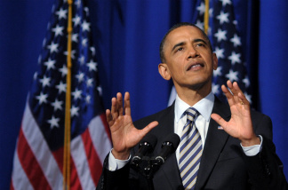 US President Barack Obama speaks during a Democratic National Congress fundraiser at The Town Hall April 27, 2011.