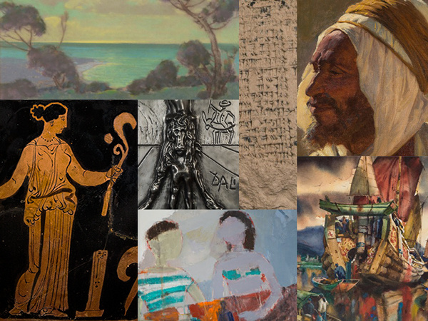 A selection of art and artifacts included in the collection: (clock-wise from upper left) Pastel on paper by Raymond Nott, Desert Arab Man by Gordon Harrower Coutts, Chinese Junks by Arthur Edwaine, The Lazy Day by Ahn Young-il, Red Figure Skyphos (drinking cup, on low-footed base), Mesopotamian Cuneiform Tablet, Don Quixote metal relief by Salvador Dali.