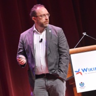 Wikipedia founder Jimmy Wales speaks dur