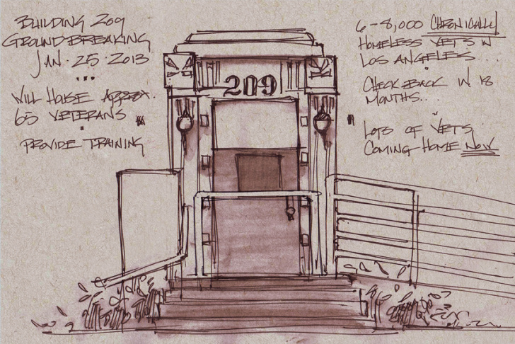 Mike Sheehan's sketchbook from the groundbreaking of Building 209 at the VA in Brentwood, with LA City Councilman Bill Rosendahl, who is battling cancer.