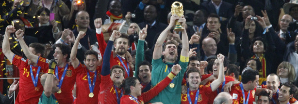 Spain's goalkeeper Iker Casillas holds the trophy during the award ceremony following the 2010 FIFA football World Cup between the Netherlands and Spain on July 11, 2010 at Soccer City stadium in Soweto, suburban Johannesburg. Spain won 1-0.