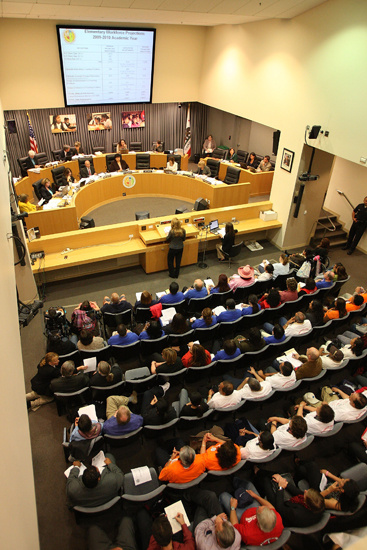 Teachers and supporters attend a meeting of the Los Angeles Unified School District Board of Education in April.