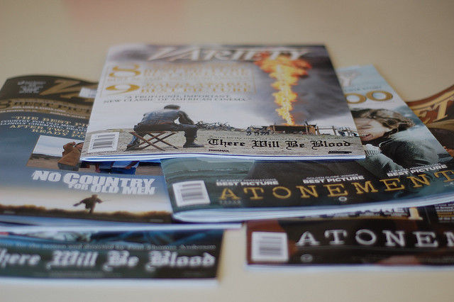 A stack of Variety magazines.