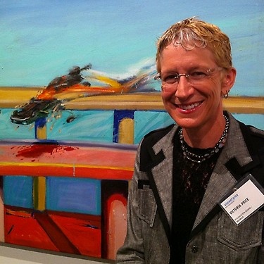 Victoria Price, daughter of Vincent Price, at VP Art Museum at ELAC, with Almaraz car crash painting