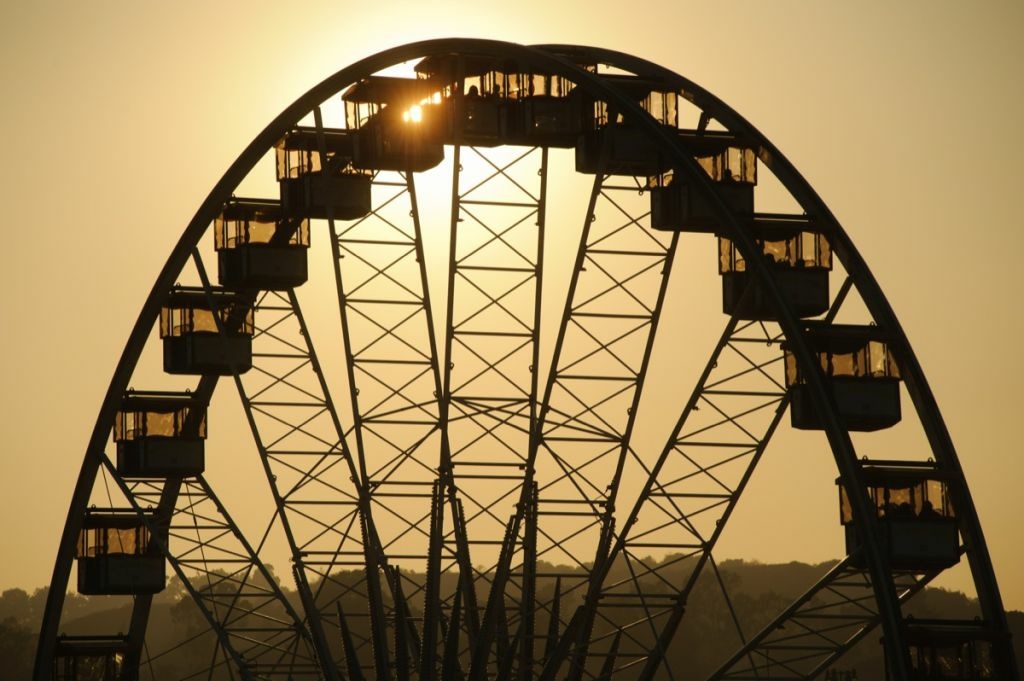 The L.A. County Fair Ferris wheel at sunset.