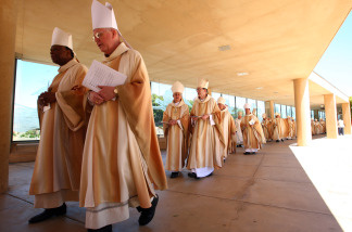 Roman Catholic priests arrive for a welcoming Mass for Coadjutor Archbishop Jose H. Gomez at the Cathedral of Our Lady of the Angels May 26, 2010 in downtown Los Angeles, California.