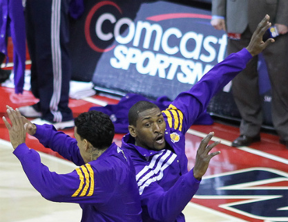 World Peace (right) getting pumped up before a game with team mate Matt Barnes
(Credit:Kieth Allison/Flickr)