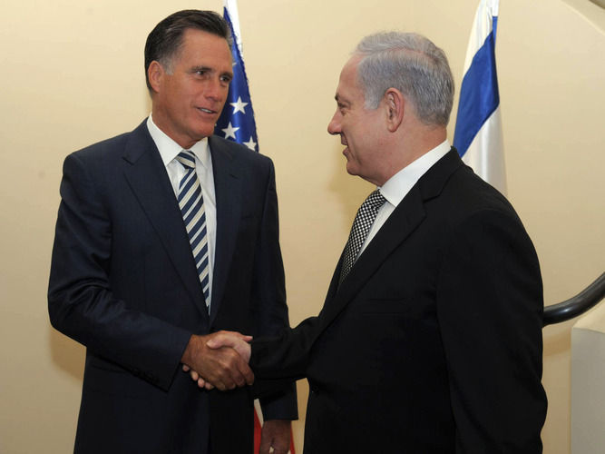 Mitt Romney greets Prime Minister Benjamin Netanyahu in Jerusalem on Jan. 13, 2011.