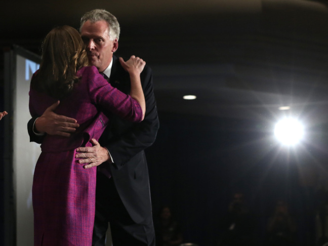 Democrat Terry McAuliffe, who won a close election Tuesday to become Virginia's next governor, hugged wife Dorothy at the campaign's victory celebration in Tysons Corner, Va.