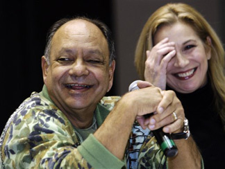 Actor-comedian Cheech Marin joins Cheryl Shuman, executive director of NORML90210, the Beverly Hills chapter of the National Organization for the Reform of Marijuana Laws, at a news conference for HemCon at the Los Angeles Convention Center Thursday, Feb. 18, 2010.
