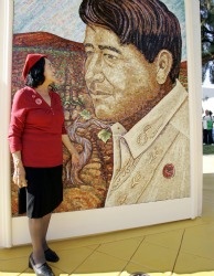 United Farm Workers co-founder Dolores Huerta looks at a mural of the late Cesar Chavez on the San Jose State University campus in San Jose, Calif. on Sept. 4, 2008.