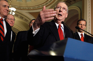 Senate Minority Leader Mitch McConnell (R-KY) (C) answers reporters' questions with (L-R) Minority Whip Jon Kyl (R-AZ), Sen. Lamar Alexander (R-TN) and Sen. John Thune (R-SD) after the weekly Senate Republican Policy Luncheon in the U.S. Capitol January 25, 2011 in Washington, DC.