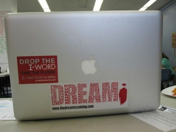 A Dream Act sticker on a college student's laptop in Los Angeles in 2010. Federal immigration enforcement agents are suing their own agency over the policy, but immigration activists vow they’ll work hard to maintain it as is.