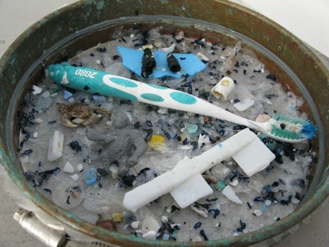 Debris collected by the Algalita Marine Research Foundation on a trip led by Marcus Eriksen across the North Pacific Gyre. In addition to micro-plastic bits, a toothbrush, two pen caps and a small toy gorilla were collected.