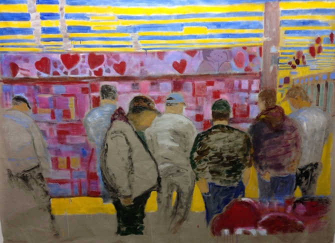O'Connell also crowdsources the photographs he uses as fodder for his paintings. This piece, which shows men buying candies and Valentine's Day cards for their sweethearts, was based on a submission.
