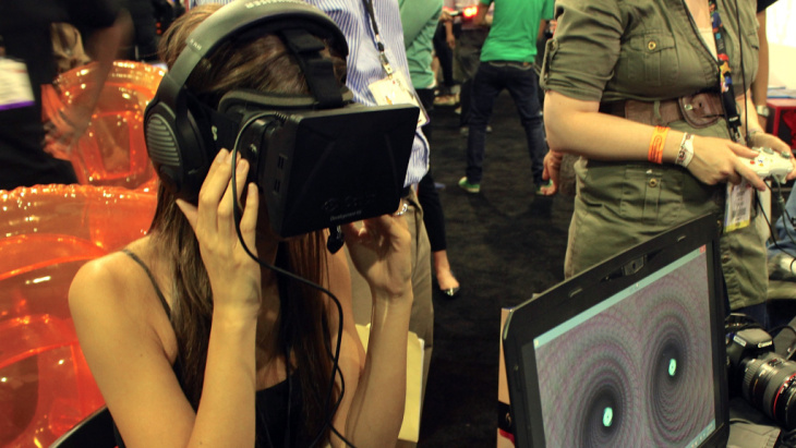 Actor Tamara Bruketta experiences the Oculus VR version of SoundSelf at the E3 gaming conference in Los Angeles.
