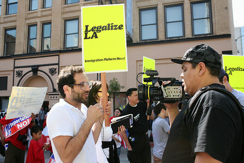 American Apparel clothing company CEO Dov Charney is interviewed during an immigration rally in Los Angeles, Sept. 24, 2008.