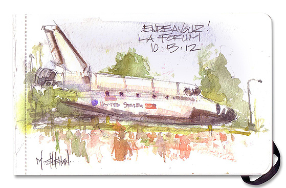 Mike Sheehan sketched Shuttle Endeavour last weekend as it traveled from LAX to the California Science Center. 