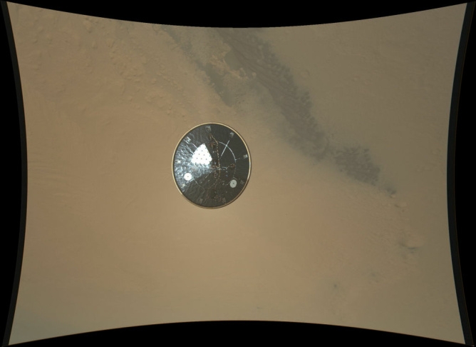 This color full-resolution image showing the heat shield of NASA's Curiosity rover was obtained during descent to the surface of Mars