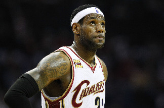LeBron James #23 of the Cleveland Cavaliers looks on while playing the Boston Celtics in Game Five of the Eastern Conference Semifinals during the 2010 NBA Playoffs at Quicken Loans Arena on May 11, 2010 in Cleveland, Ohio.