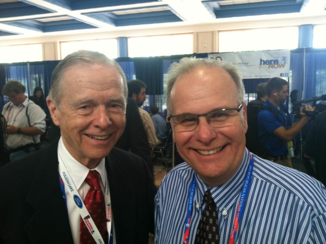 Former California Governor Pete Wilson poses for a picture with AirTalk's Larry Mantle 