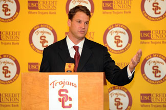 New head coach of the USC Trojans Lane Kiffin is introduced during a press conference at Heritage Hall January 13, 2010 in Los Angeles.