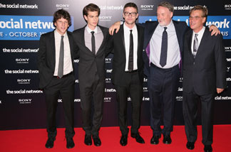 Jesse Eisenberg (left to right), Andrew Garfield, Justin Timberlake, David Fincher and Aaron Sorkin attend "The Social Network" premiere in Paris, France, at Cinema Gaumont Marignan on Oct. 3, 2010.