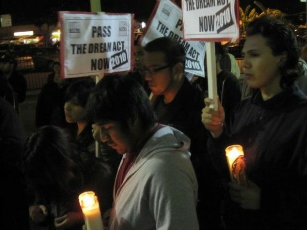 Participants in a vigil and rally for the Dream Act in downtown Los Angeles Tuesday night, December 7, 2010