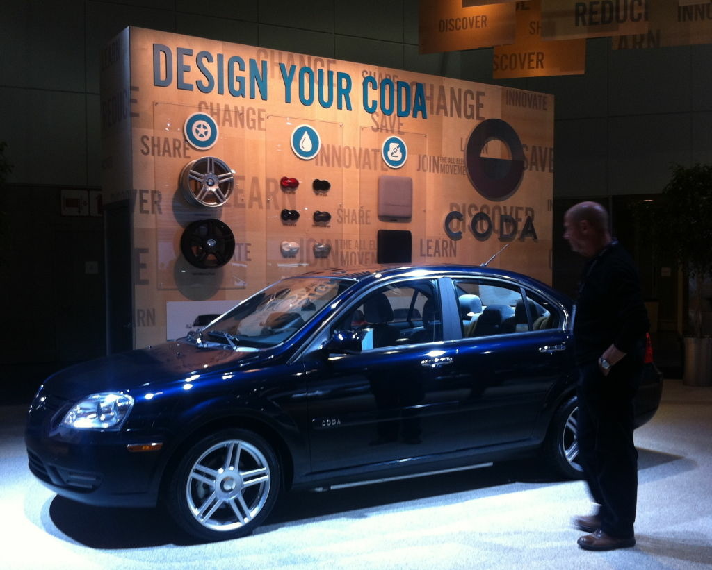 CODA Automotive, now based in West L.A., will be at the Auto Show with a much-larger, similarly-slick display that resembles what the company's installed in the Century City mall to reach out to the public.