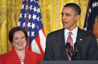 US President Barack Obama speaks at a reception in honour of designated Supreme Court justice Elena Kagan August 6, 2010 in the East Room of the White House in Washington, DC.