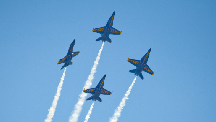 The U.S. Navy's Blue Angels soar over the Florida Keys during a March 23 air show. The group has canceled several air shows in April and May, reportedly owing to budget cuts.