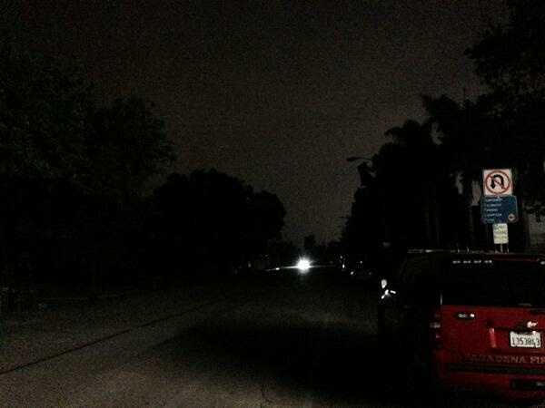 The view (or lack thereof) from East Villa Street and North Altadena Drive in Pasadena. A power outage let a large section of Pasadena darkened Monday night.