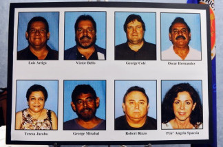 A display of pictures of current and former City of Bell council members who were arrested on corruption charges is seen following a news conference on September 21, 2010 in Los Angeles, California.