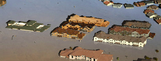 Photo illustration depicts potential flooding of Sacramento's Arco Arena and Natomas community. Photo courtesy of California Department of Water Resources.