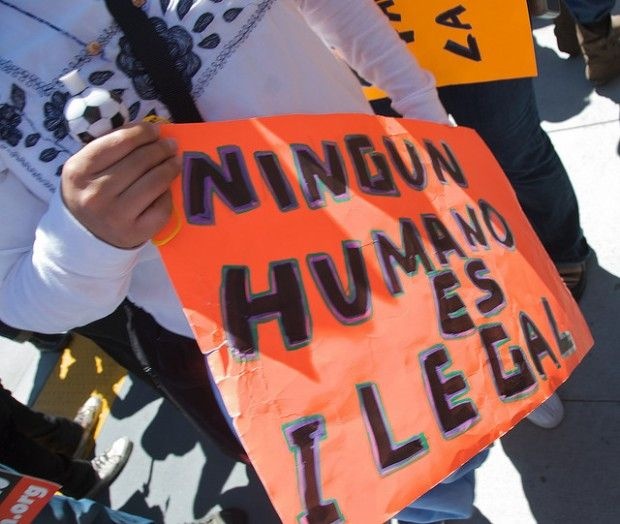 A sign that reads "No human is illegal," San Francisco, July 2008