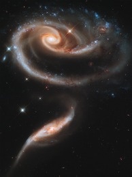 A picture of two galaxies interacting. The photo has been dubbed "Rose" since it resembles a pink flower complete with stem.