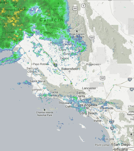 A radar image of rainfall across California Friday morning.